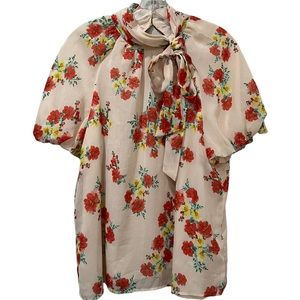 CeCe Large Nordstrom Floral Secretary Bow Neck Short Sleeve Blouse Spring G2
